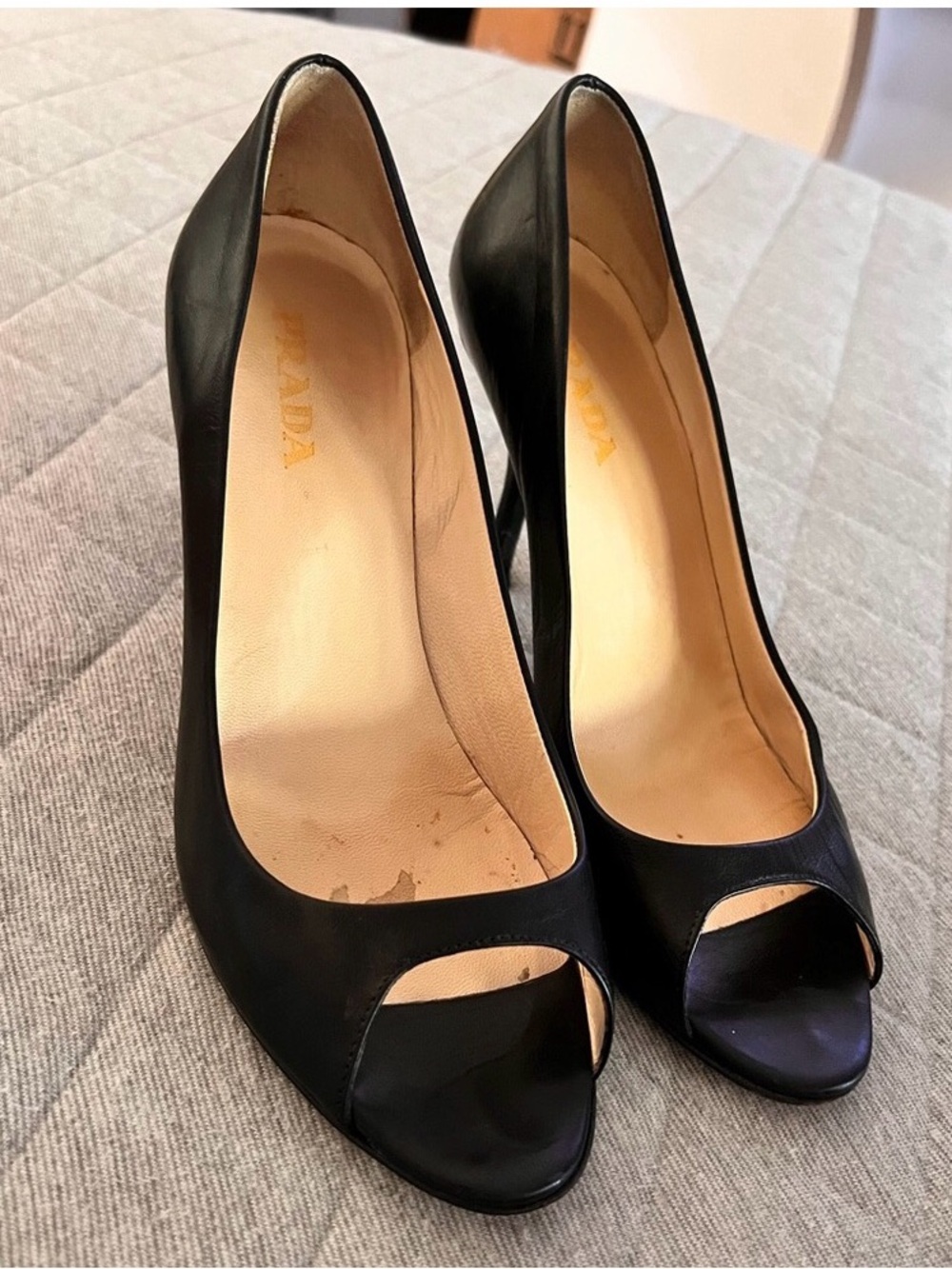 PRADA Sz IT 37.5 US 7.5 Black Leather Peep Toe Pumps Heels Originally $1290 - Picture 2 of 6
